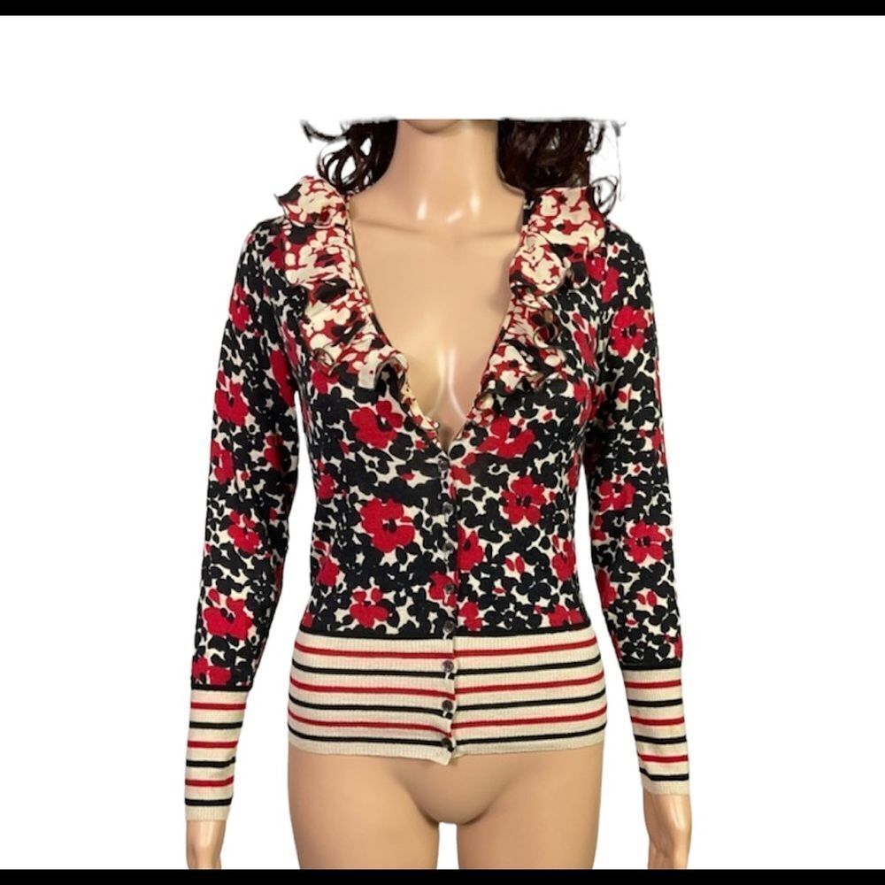 Moschino 100% Virgin Wool Black Red Floral Cardigan Sweater 6